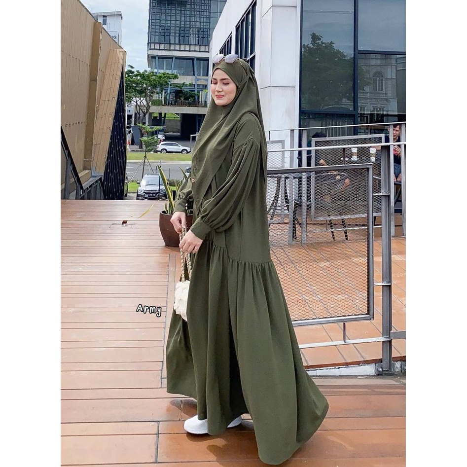 Humairah Setelan Gamis Abaya Syar'i Crinkle Airflow Premium Set Abaya Bergo Lengan Panjang Kancing Busui Baju Muslim Kekinian LD 120 cm