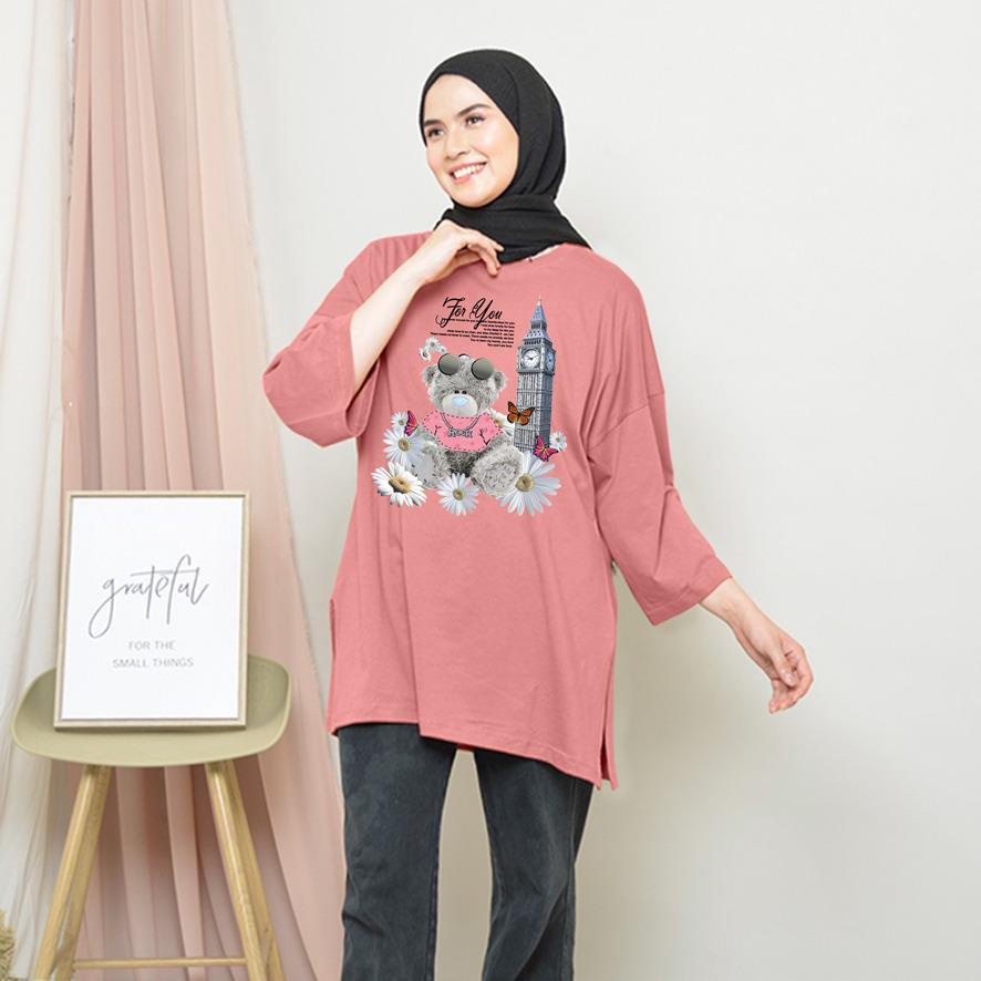 KAOS OVERSIZE TOP HIJAB WANITA BASIC DTF BUNGA BEAR / OVERSIZE SLIT BLOUSE GAMBAR DTF / DIGITAL PRINT