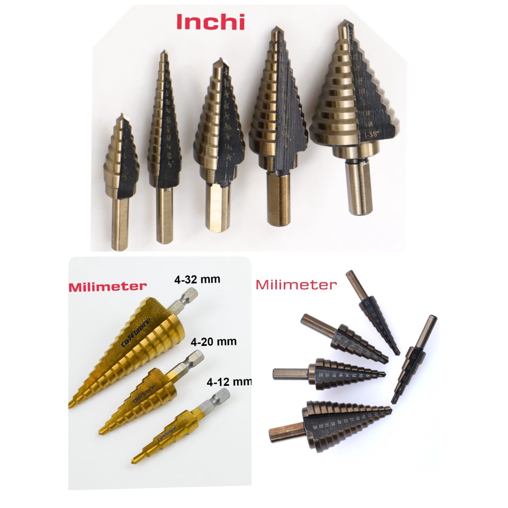 Mata Bor Pagoda Besi Step Drill Bit Piramid MM Mata Bor Piramit Inchi