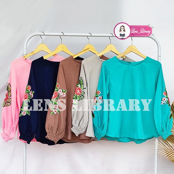 op Wanita Wollycrepe Lengan Karet Blus Motif Bordir Bunga Atasan Blouse Wanita Polos Lengan Balon