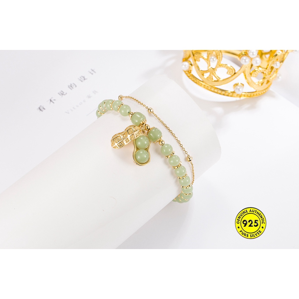 Gelang Batu Giok Hetian Double Layer Kacang Emas 18K Untuk Wanita U1482