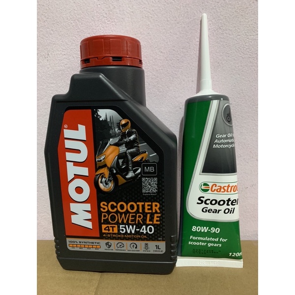 Oli Motul Scooter Power LE Sae 5W-40 Full Shynthetic 1Liter(Orange) &amp; Oli Gardan Motul 120ml / Oli Gardan Castrol 120 Original