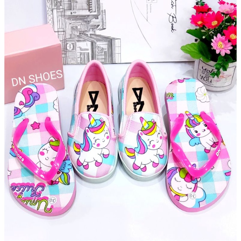 Paket Sepatu Anak Perempuan Sepatu dan Sandal Anak Slip On dan Sandal Jepit Anak Perempuan Murah Lucu Karakter Unicorn Pink Juice