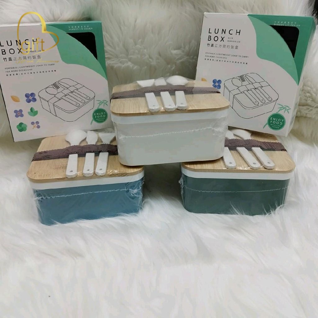 Lunch Box plus Set makan - Bento Box Penyimpanan Makanan/ Tempat Bekal Makanan Tutup Kayu