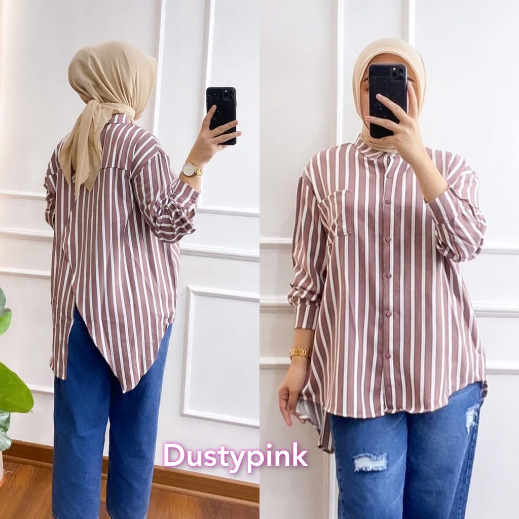 Kemeja Saja Dissy Salur Oversize Model Belakang Belah Bahan Syakila Premium Setrip