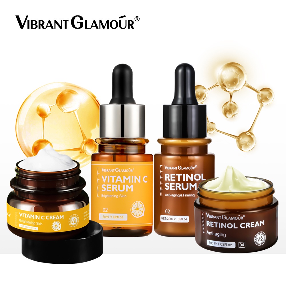 [BPOM] Vibrant Glamour Retinol Cream/Serum dan Vitamin C Cream/Serum Paket Siang &amp; Malam Untuk Anti Aging Pelembab Wajah Krim Pemutih Wajah Mencerahkan Kulit Mengurangi Jerawat Flek Hitam Noda Hitam Perawatan Kulit-30Gr