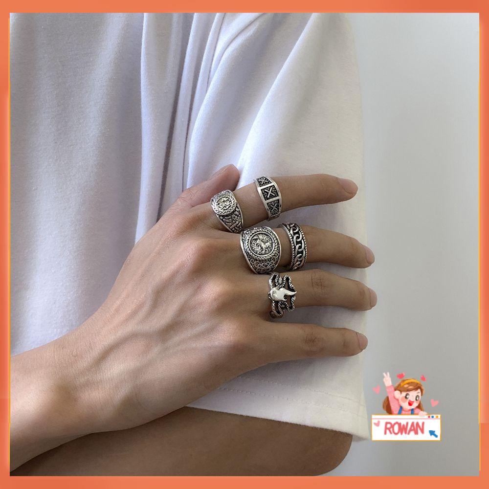 R-bunga Pria Cincin Set Trendi Keren Opal Geometris Gaya Punk Cincin Logam Pria Jari Cincin