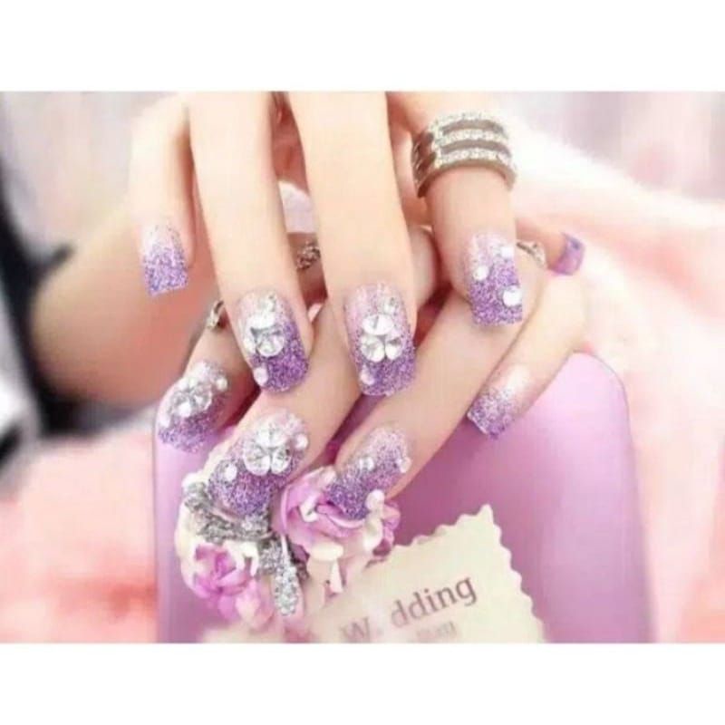 Wedding party fake nail Clear Rhinetone Flower Kuku Palsu 3D + LEM dibalik kuku