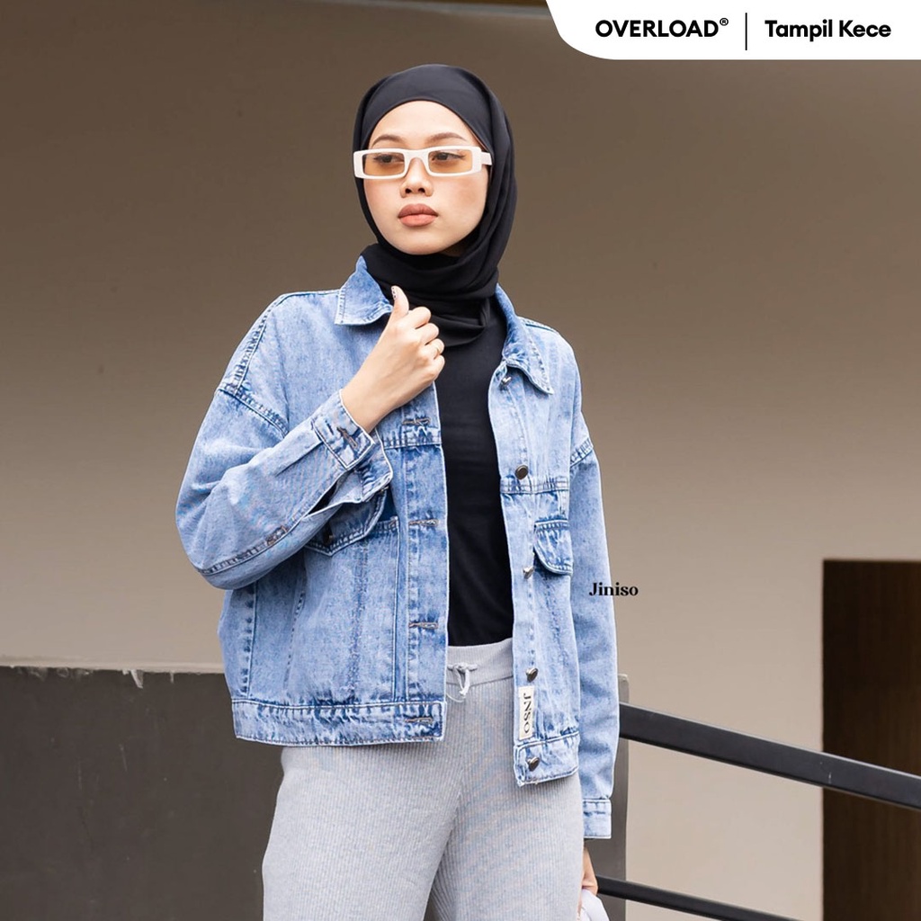 JINISO Jaket Crop Jeans Oversize Vintage Pocket Blue Acid