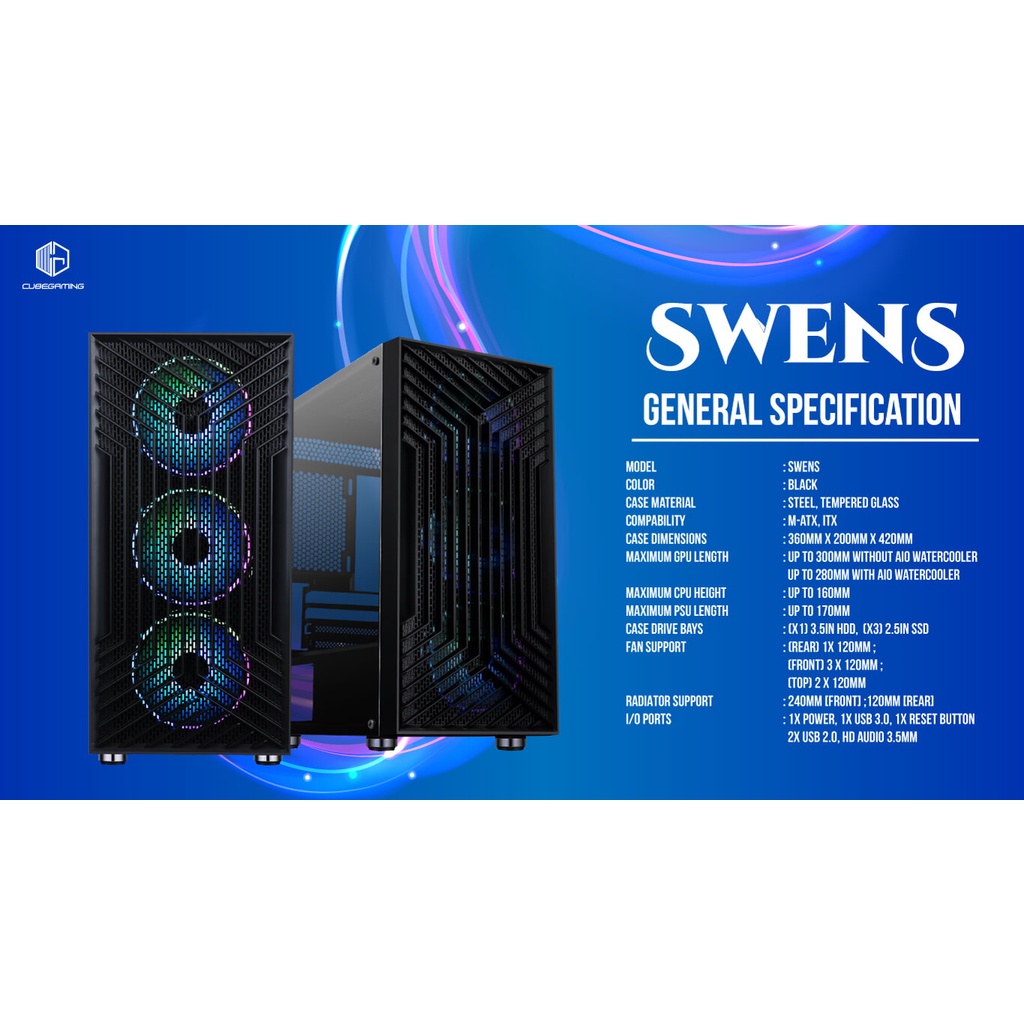Casing Cube Gaming Swens Micro ATX + 3 Fan RGB Casing PC