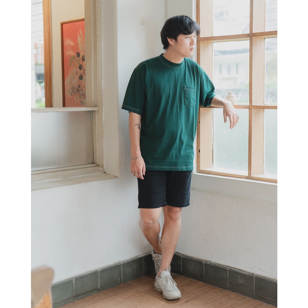 Kaos Oversize Pria Heavy Cotton - Ginza Oversized Tshirt Pine Green White Stitch  - ByBlank