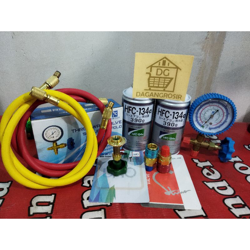 Paket isi freon AC mobil dan kulkas Freon Kaleng HFC 134a 2pc - 2selang Freon -Manifold Single 1pc -