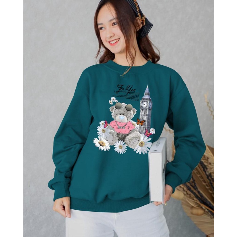 Kaos Lengan Panjang DTF BUNGA BEAR / Kaos Sweatshirt / Atasan Wanita / Atasan Wanita Lengan Panjang