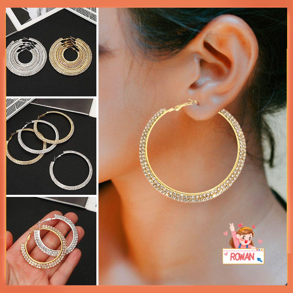 R-flower Kristal Hoop Earrings Shiny Gold Silver Baris Ganda Berlian Imitasi Menjuntai Perhiasan