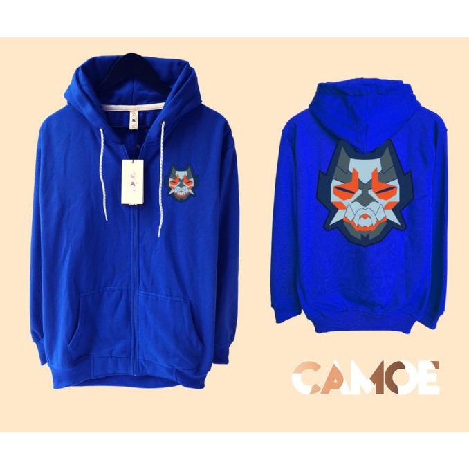 Jacket Valorant Yoru Oni Mask 3D Logo Sweater Hoodie Pria Bahan Fleece Sablon Polyflex Zipper Reslet