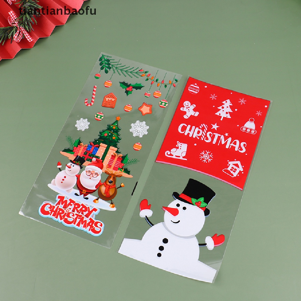 [tiantianbaofu] 50pcs Merry Christmas Kantong Plastik Permen Dengan Pita Kantong Kemasan Kado Butik