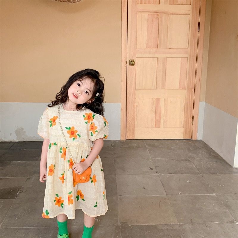 Dress Anak Perempuan Fashion Import - Motif Flower Orens Hijau