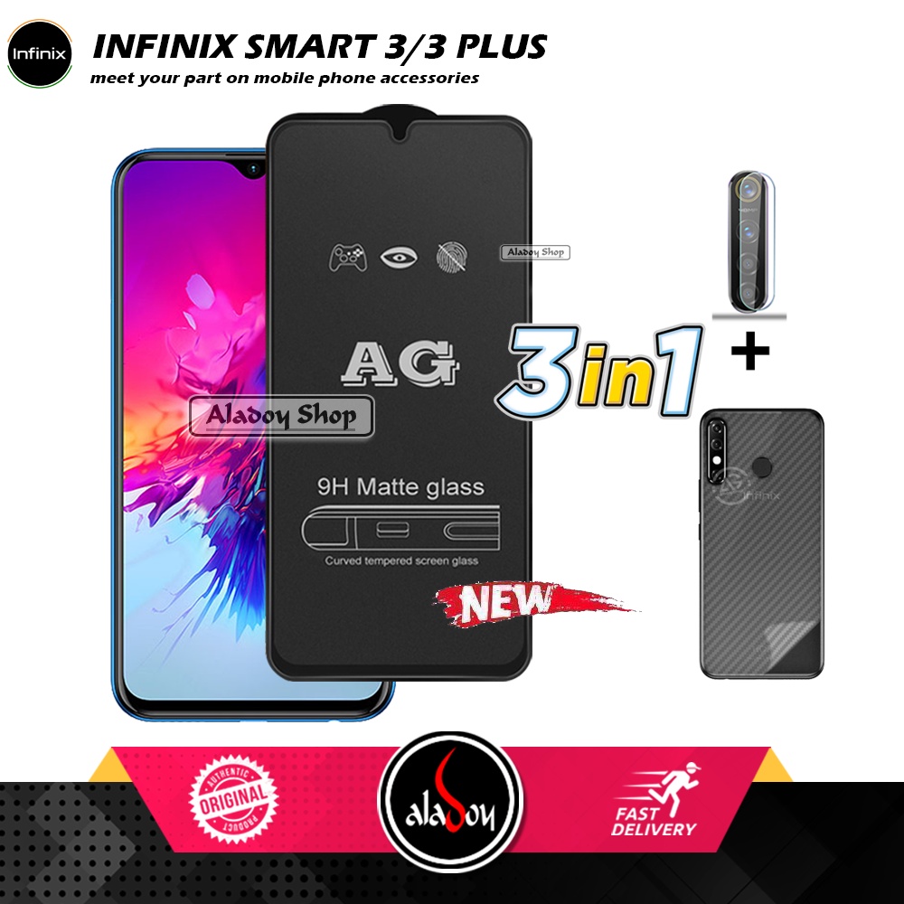 Paket 3IN1 Tempered Glass Layar Matte Anti Glare Infinix Smart 3/3 Plus Free Tempered Glass Camera dan Skin Carbon