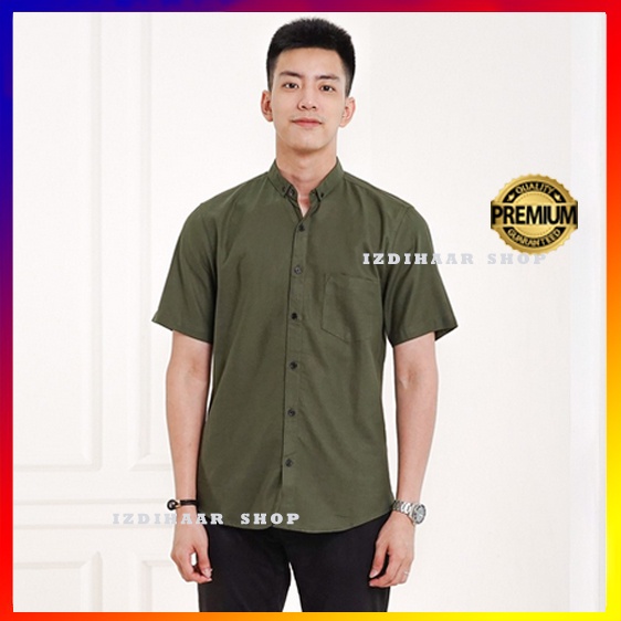 Kemeja Pria Lengan Pendek Polos Katun Hijau Army JUMBO XXXL