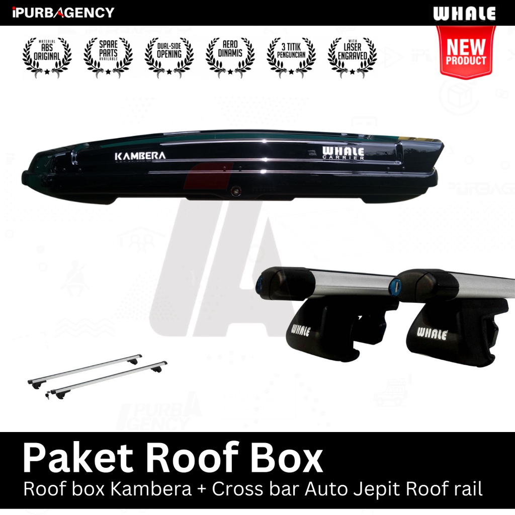 Paket Roof box Whale Kambera + Cross bar Auto Jepit roof rail