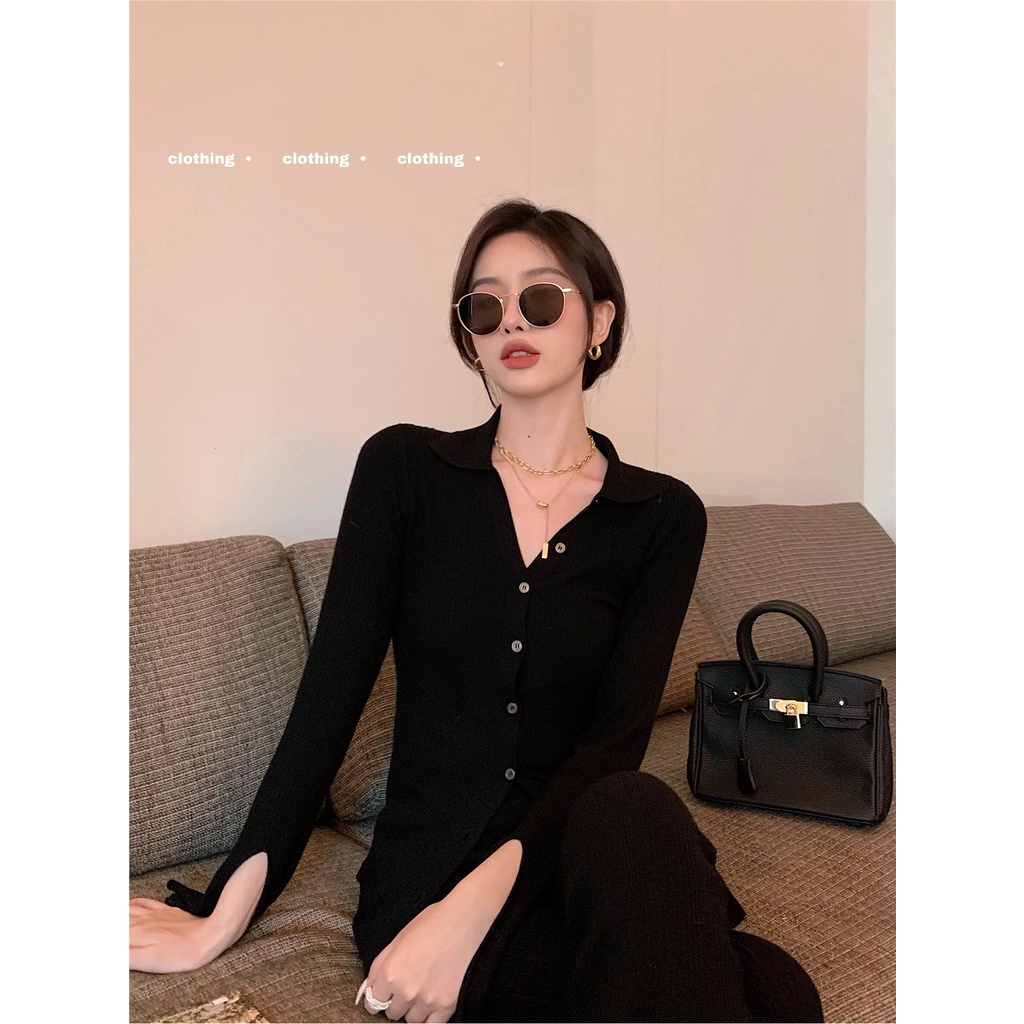 ℡☸✔Suhao Black Spice Girls Kardigan Rajutan Wanita Desain Musim Gugur Rasa Niche Kerah Mantel Temperamen Pinggang Slim Atasan Lengan Panjang