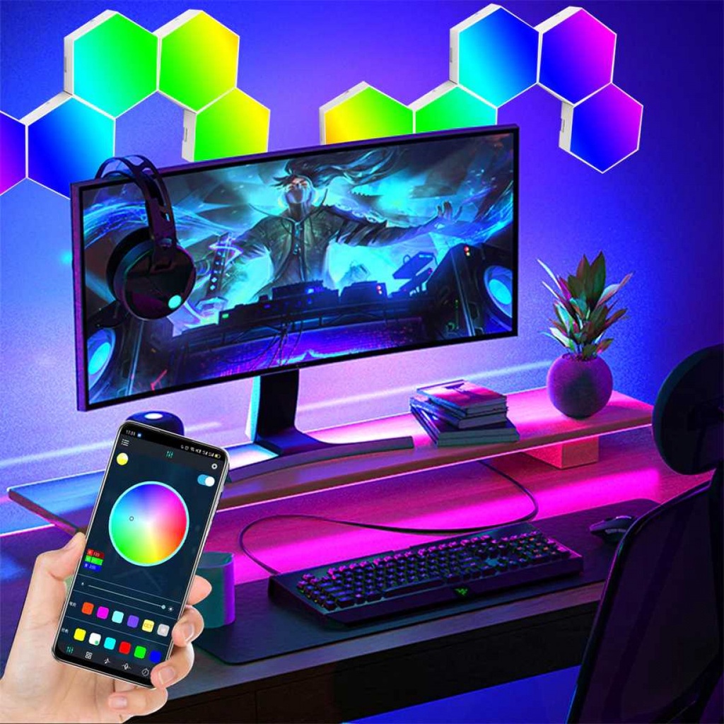 Lampu Hexagon LED RGB 10 PCS Dekorasi Interior Kontrol Aplikasi Remote