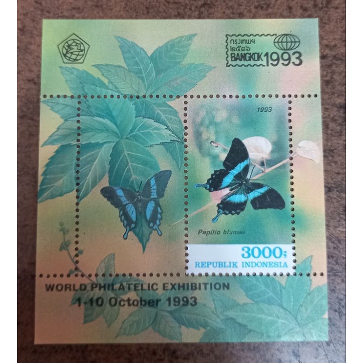 

Souvenir Sheet Prangko Perangko Indonesia Kupu Kupu World Philatelic Exhibition Bangkok 1994