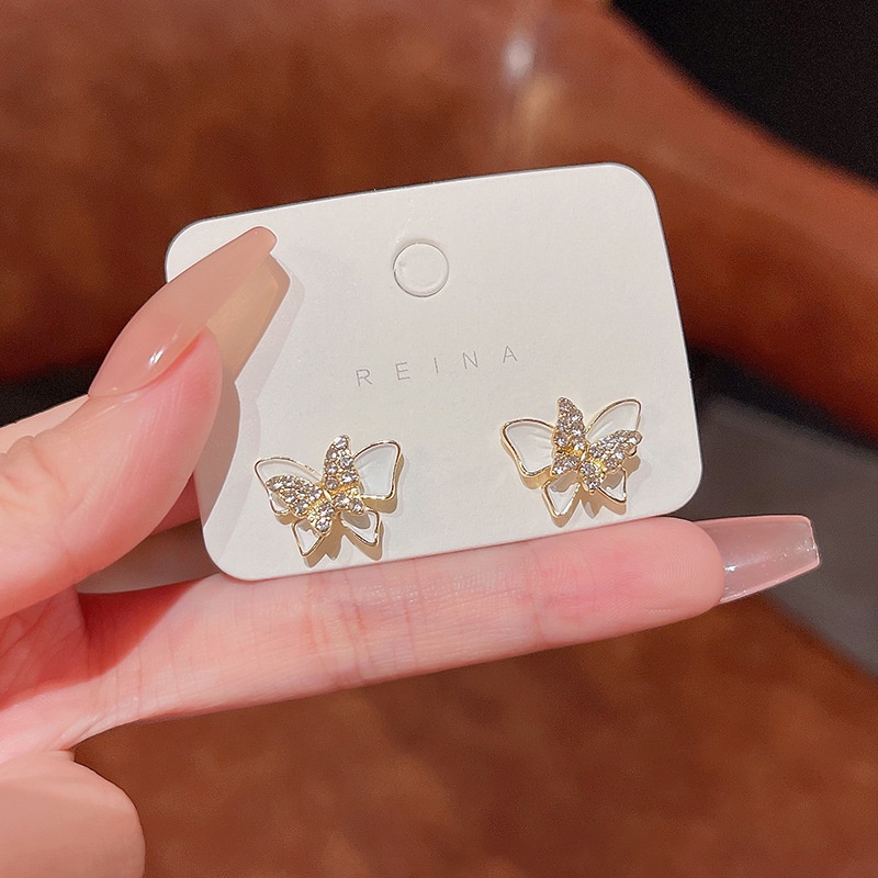 925jarum Perak Jarum Rasa Tinggi Lapisan Ganda Kupu-Kupu Anting-Anting Wanita Berlian Stud Earrings