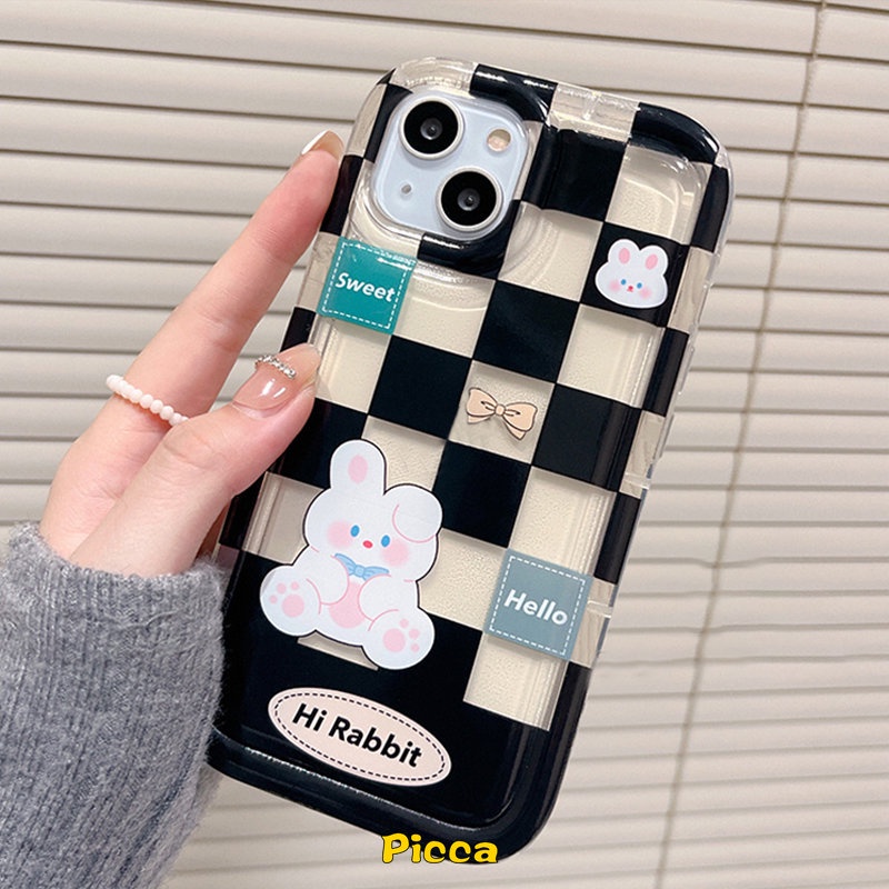 IPHONE Casing Pasangan Beruang Kelinci Lucu Kotak-Kotak Kompatibel Untuk Iphone11 14 13 12 Pro MAX 7Plus 8Plus XR 78 6 6S Plus X XS MAX Shockproof Airbag Casing Soft TPU Lovers Phone Case