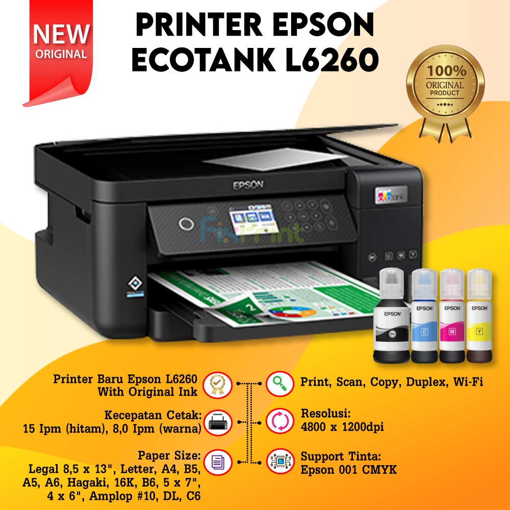 Printer EcoTank L6260 A4 Wi-Fi Duplex All-In-One Print, Scan, Copy, Duplex, Wi-Fi Direct Borderless New With Original Ink