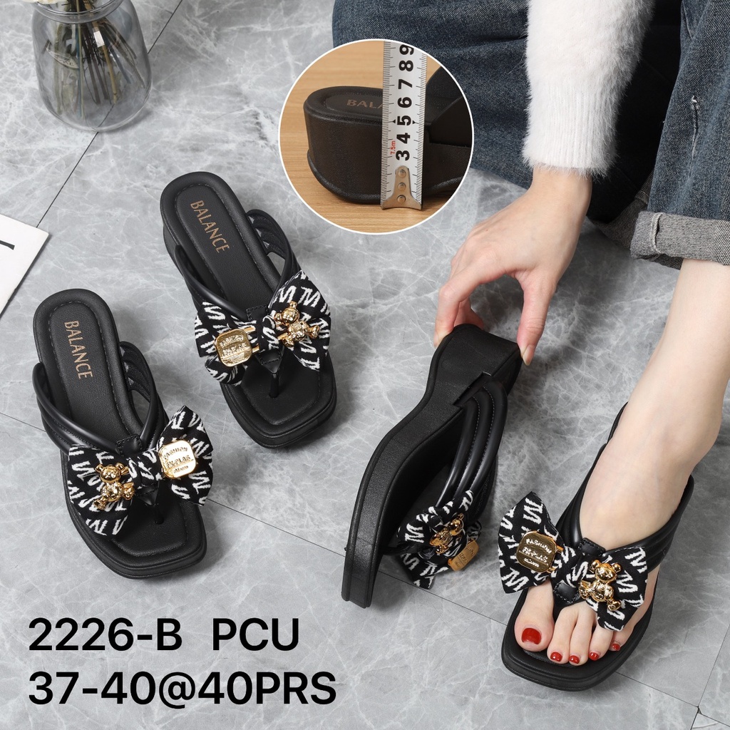 BALANCE Sandal Jepit Wedges Import Karet 5 Cm Hak Tebal Bahan Empuk Sol Anti Slip Motif Pita Golden Bear 2226-B