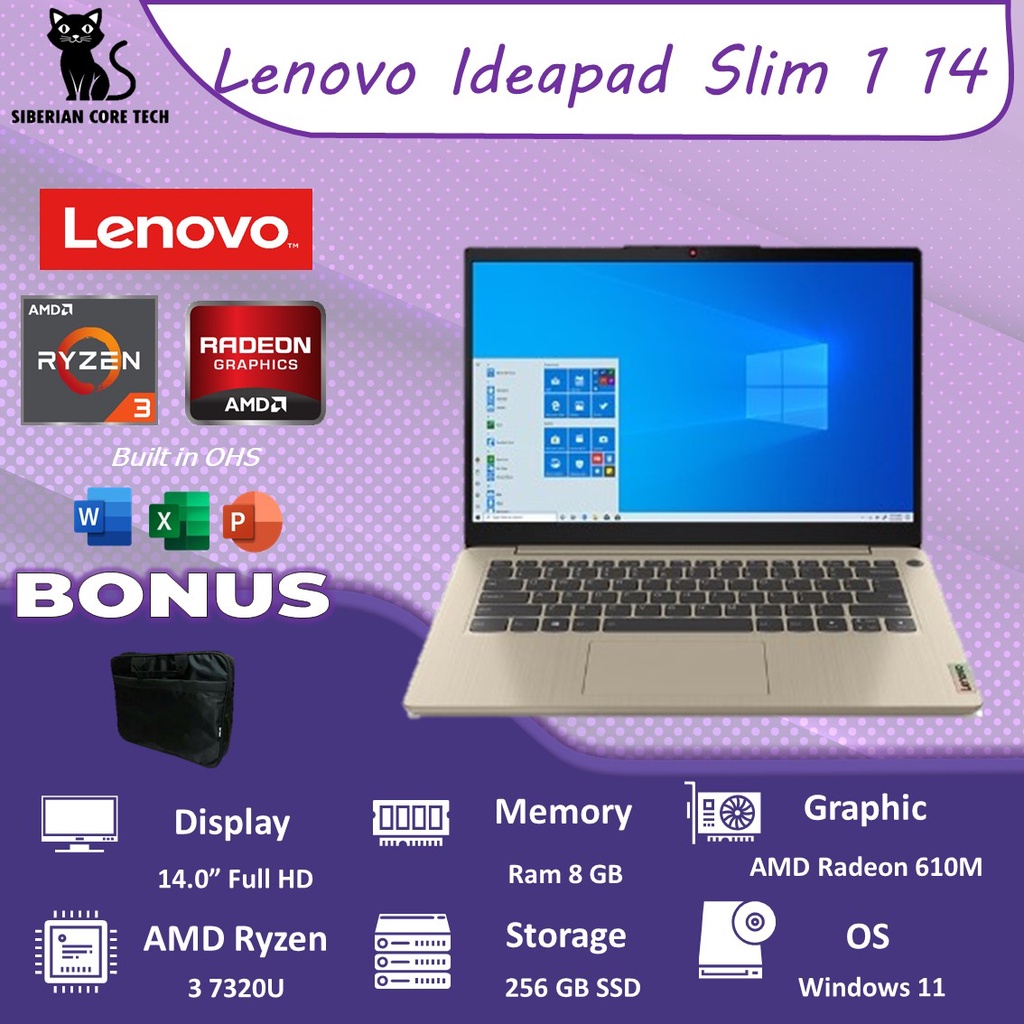 LENOVO IDEAPAD SLIM 1 14 RYZEN 3 7320U 8GB 512SSD RADEON 610M W11+OHS 14.0FHD 2YR