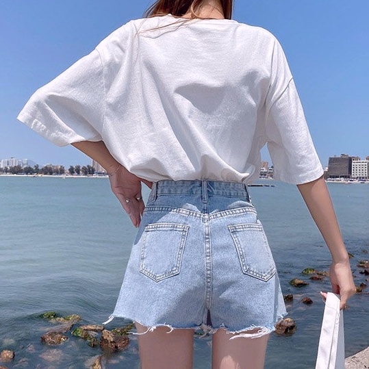 Hot pants jeans celana pendek jeans sobek wanita korea kekinian sehari hari High Waist  ripped seksi style ootd dewasa