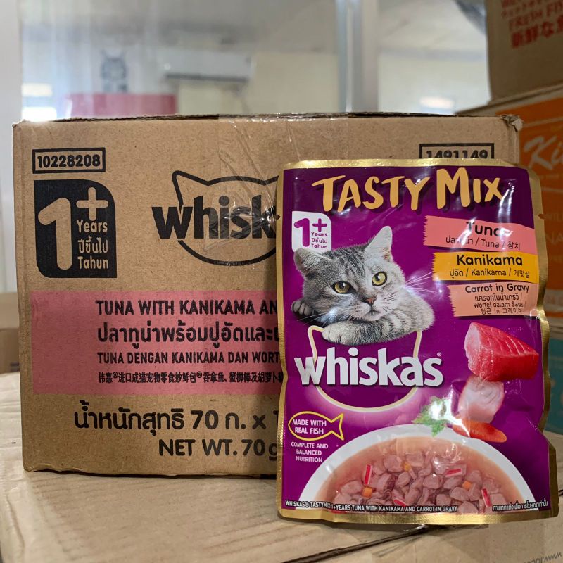 WHISKAS® Tasty Mix Makanan Kucing Basah Pouch 70gr - isi 24 Tuna Kanikama