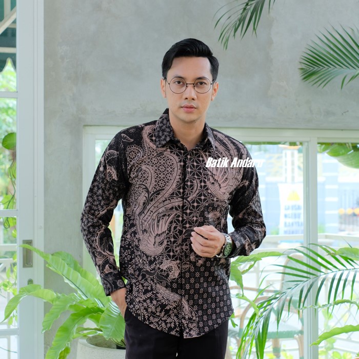 Baju Batik Pria Slim Fit Lengan Panjang Modern Bahan Katun Primisima Kualitas Premium Motif Burung Warna Hitam