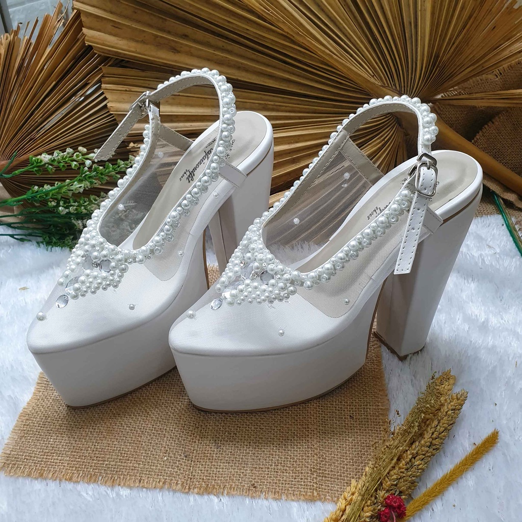 Sepatu wedding cantik kiyarisa putih jaring 15cm