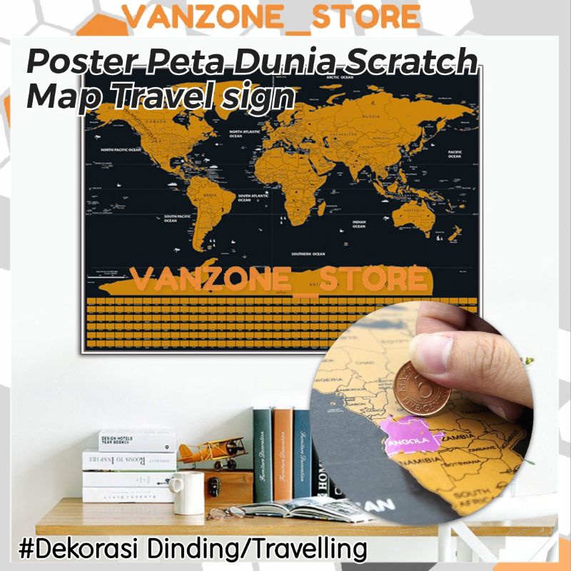 Poster Peta Dunia Scratch Map Travel sign Perjalanan dekorasi dinding kamar Versi Bendera Negara Nas