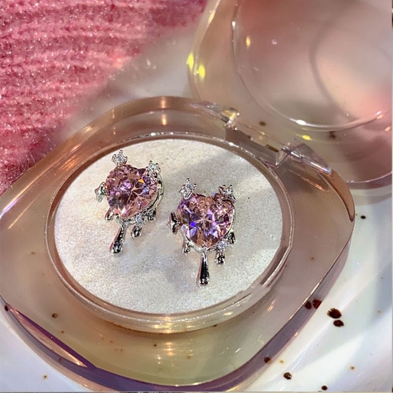 Anting Stud Wanita Korea Gaya Pink Zirkon Cinta Hati Anting Tusuk Halo Perhiasan Cewek