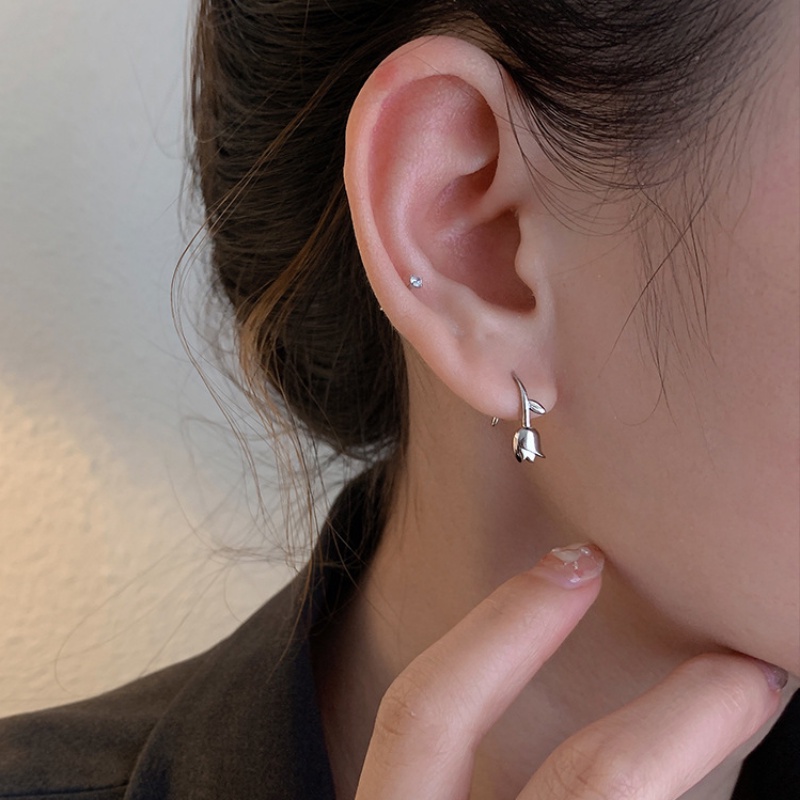 Magic789 Korea s925 Perak Tulip Anting Kait Untuk Wanita Gadis Chic Tindik Bunga Cuff Earrings Fashion Telinga Perhiasan Hadiah