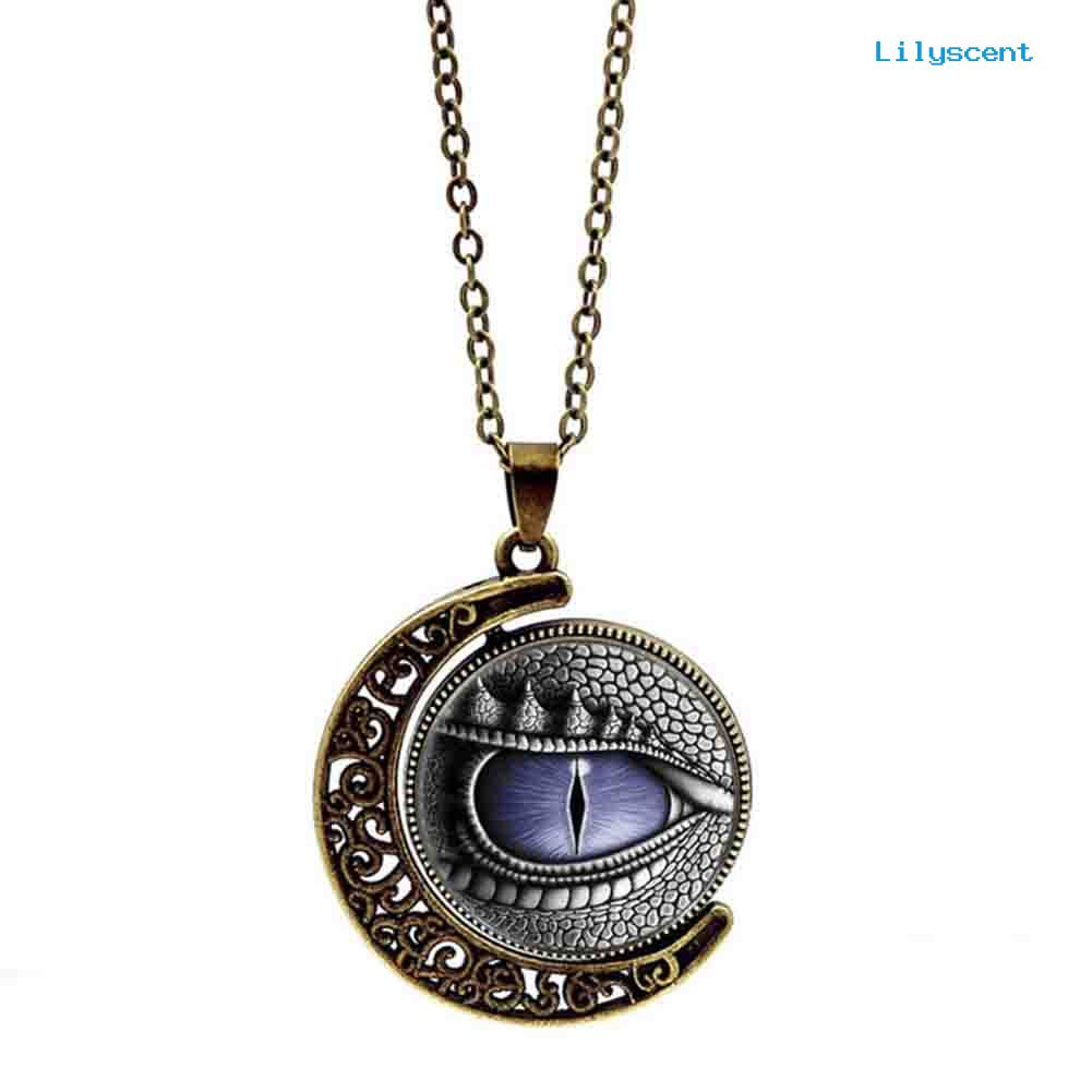 [LS]Unisex Rotatable Dragon Eye Hollow Moon Pendant Rantai Panjang Kalung Perhiasan