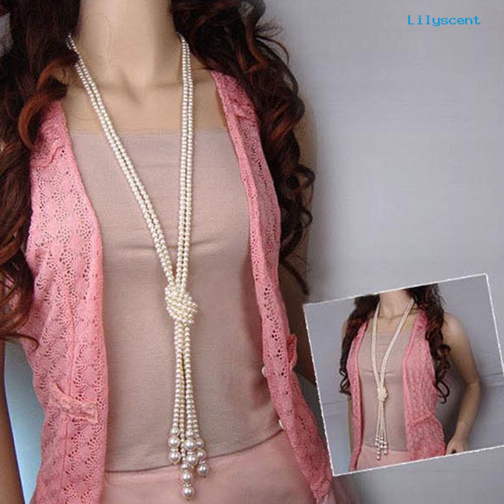 [LS]Faux Kalung Mutiara Warna Putih Diikat Manik-Manik Rantai Leher Rumbai Panjang Elegan Dress-Up Alloy Perhiasan Wanita Dress Necklace Aksesoris Perhiasan Hadiah