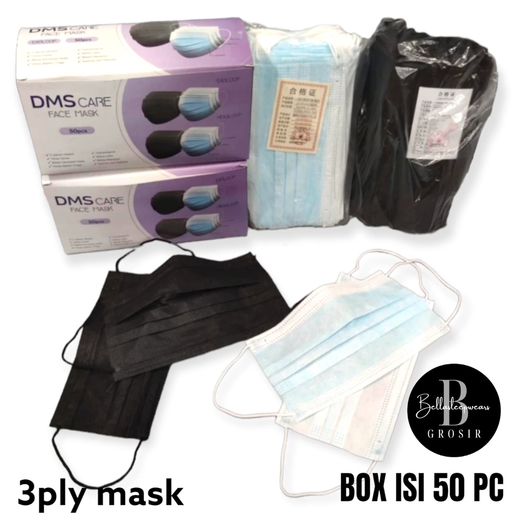 DMS CARE - MASKER 3PLY EARLOOP DMS DISPOSABLE MASK - BIRU HITAM ISI 50 PC