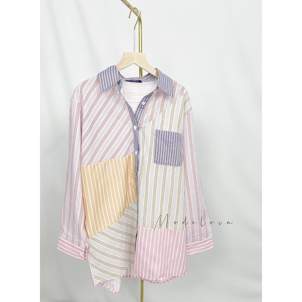 MDLV ~ 2480# Astella Patchwork Striped Shirt Kemeja Salur Import