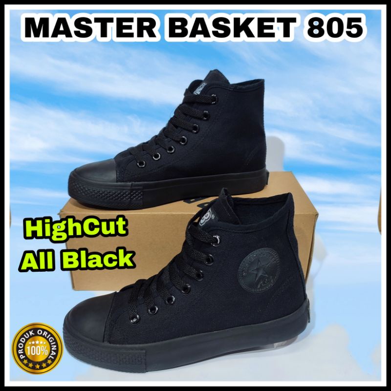 Sepatu Sekolah Kerja Cowok Cewek Kekinian New Master Basket MB HighCut Tinggi Tali All Black Size 34