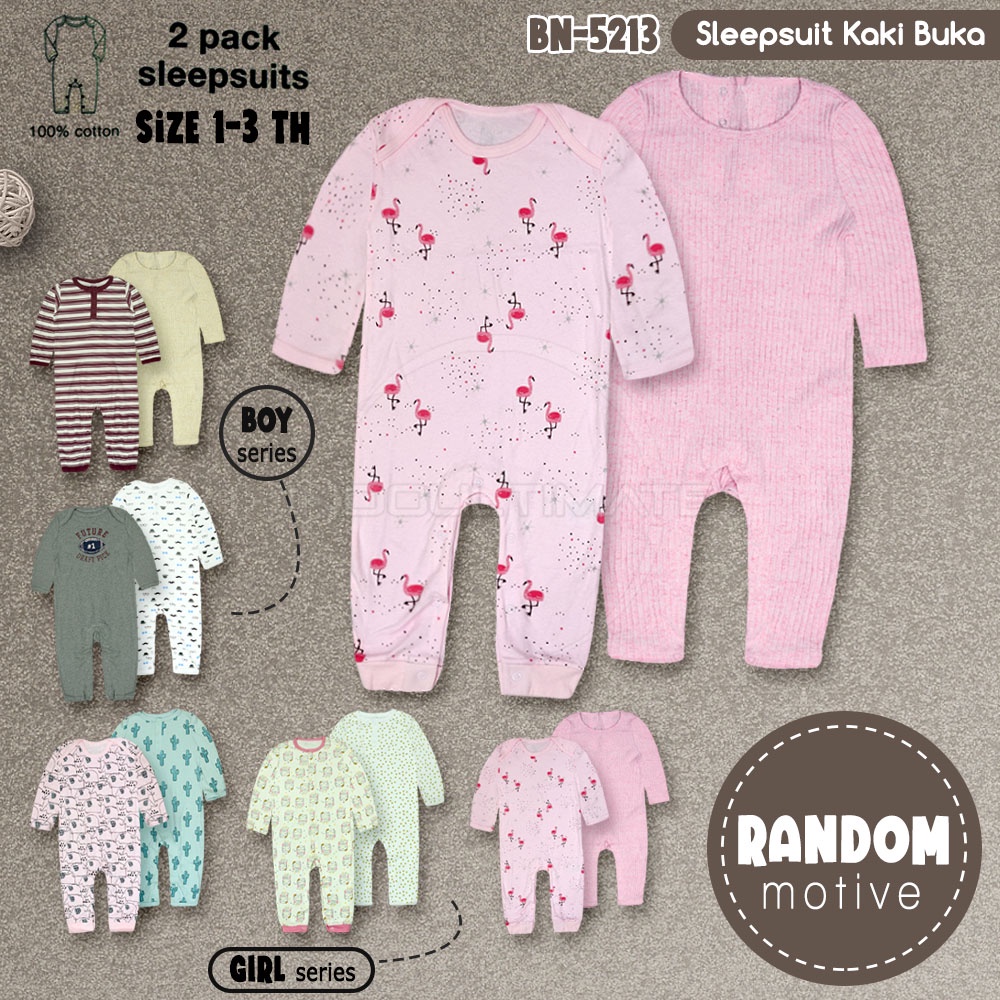 2 Pcs Sleepsuit Bayi Kaki Buka 100% COTTON BN-5213 Jumper Kaki Buka Bayi Baru Lahir