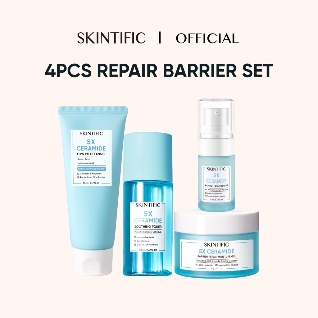 SKINTIFIC - 5X Ceramide Low pH Cleanser Gentle Cleanser 80Ml & 5X Ceramide Barrier Repair Moisturize Gel Moisturizer 30G &5X Ceramide Soothing Toner 80ml &  5X Ceramide Barrier Rrpair Serum 20ml