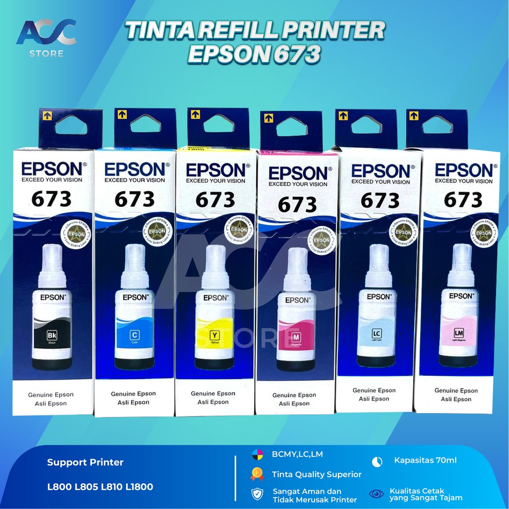1 SET 6 PCS Tinta Epson 673 Isi Ulang Printer L800 L805 L810 L1800 BK C Y M LC LM