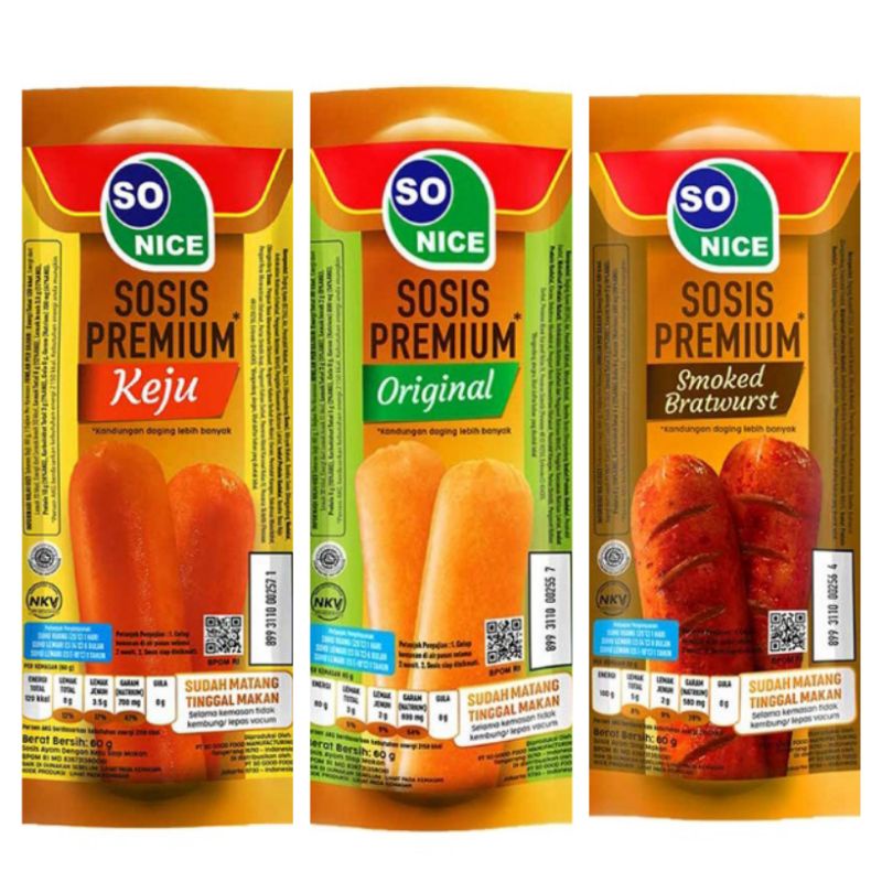 

So Nice Sosis Premium Sonice Smoked Bratwurst Keju Cheese Original Frozen Food 60 g