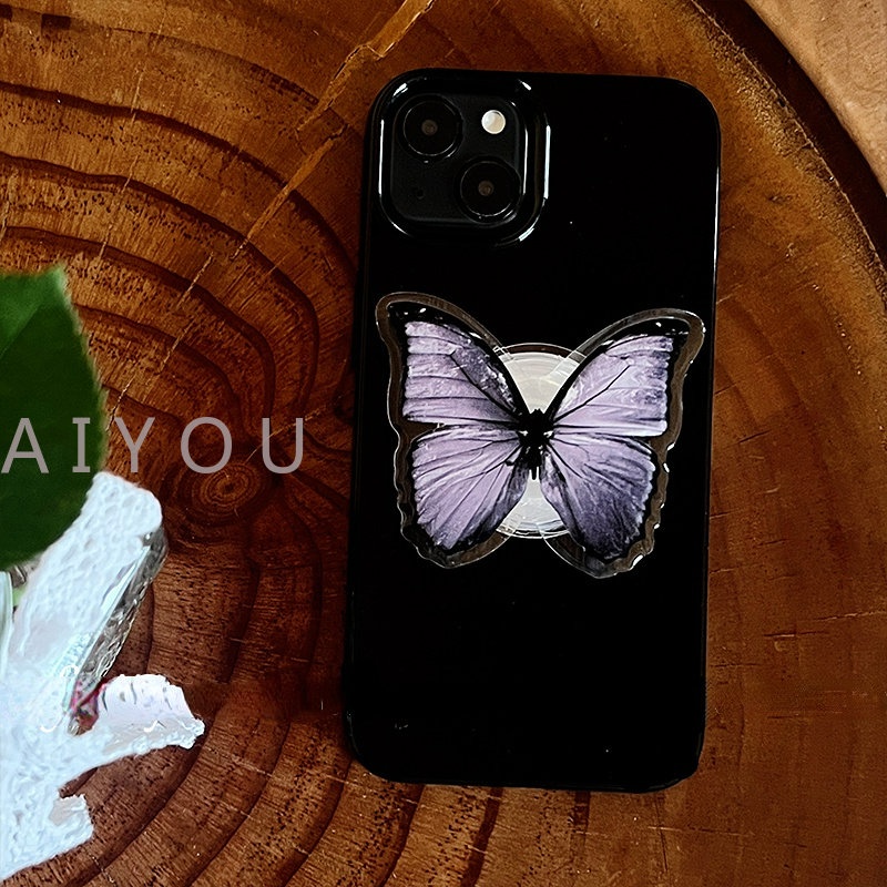 IPHONE Ins Cool Holder Stand Glossy Phone Case Untuk Iphone13 11 12 Pro Max XR X XS Max Mini7 8 Plus Se2020Hitam Lucu Butterfly Cat Cover