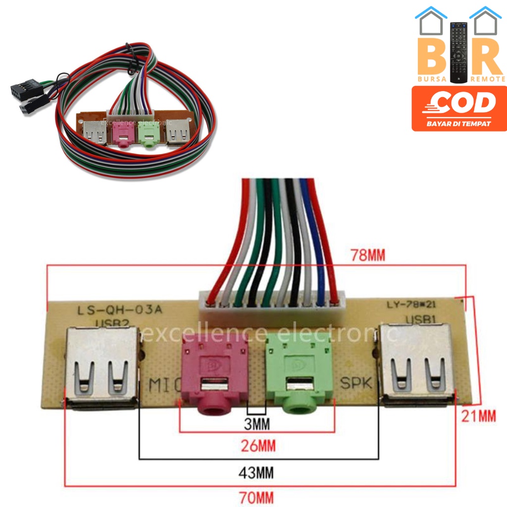 Front Panel Kabel Usb 2.0 Audio Jack Pcb 3.5MM Ukuran 6.8 - 7.4CM